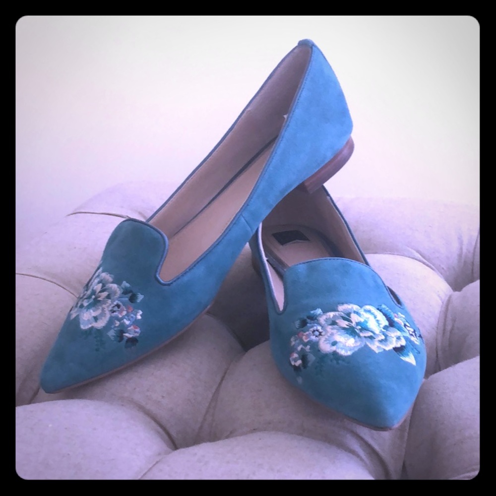 White House Black Market Teal Suede Floral Embroidered Flats